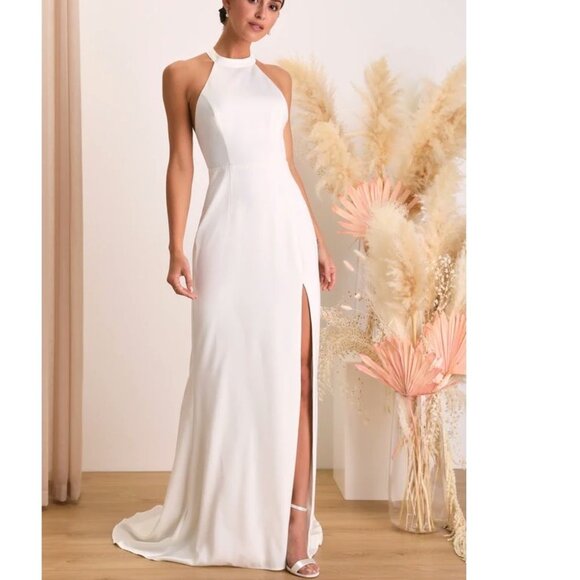 Lulu's Radiant Adoration White Satin Lace Backless Halter Maxi Dress Small NWT - Picture 6 of 11